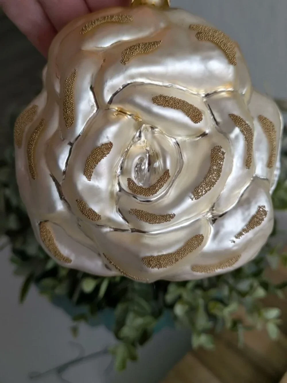 5 Vtg Glass Gold Rose Shaped Christmas Ornaments W/ Gold Beads Winter Wedding #2